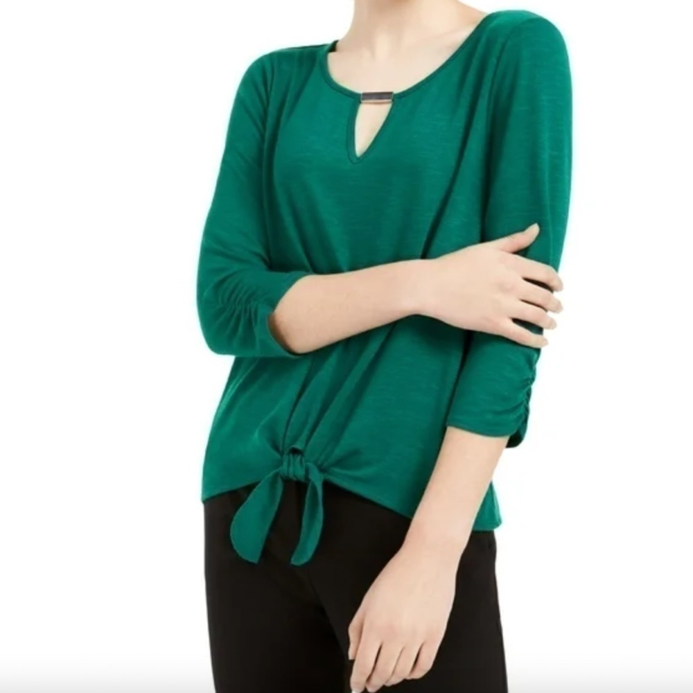 BCX Women's Textured Tie-Front Top Bright Green Long Sleeve Blouse (XL)